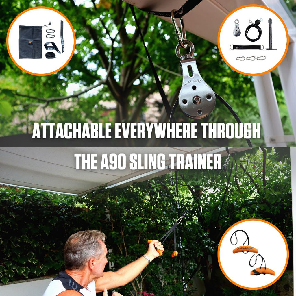A man engaging in outdoor fitness using a versatile A90 Cable Pulley Set with Angles90 Grips that's attachable to various structures for a variety of exercises.