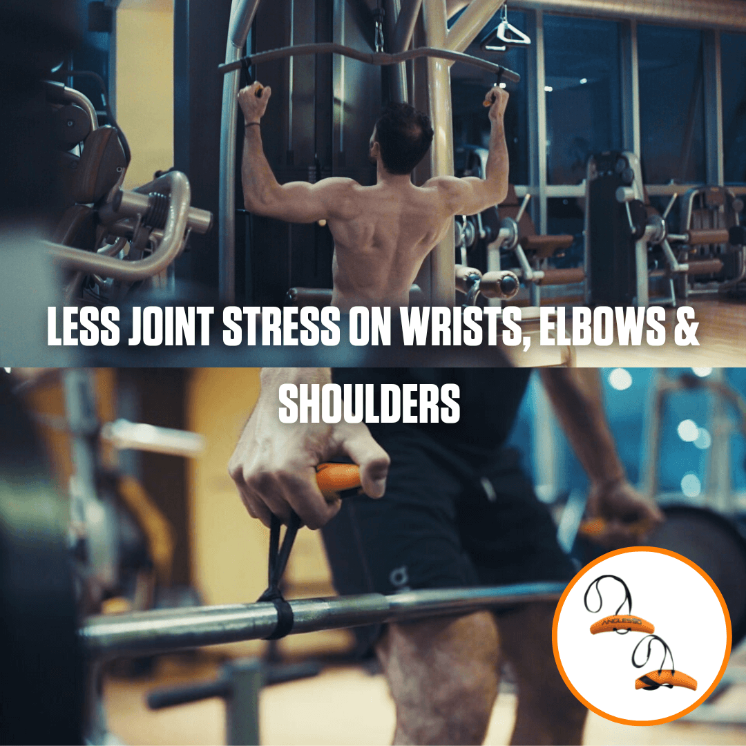 A man performing a lat pull-down exercise in the gym using Angles90 Wood (Limited Edition) Grips to focus on reduced joint stress on wrists, elbows, and shoulders.