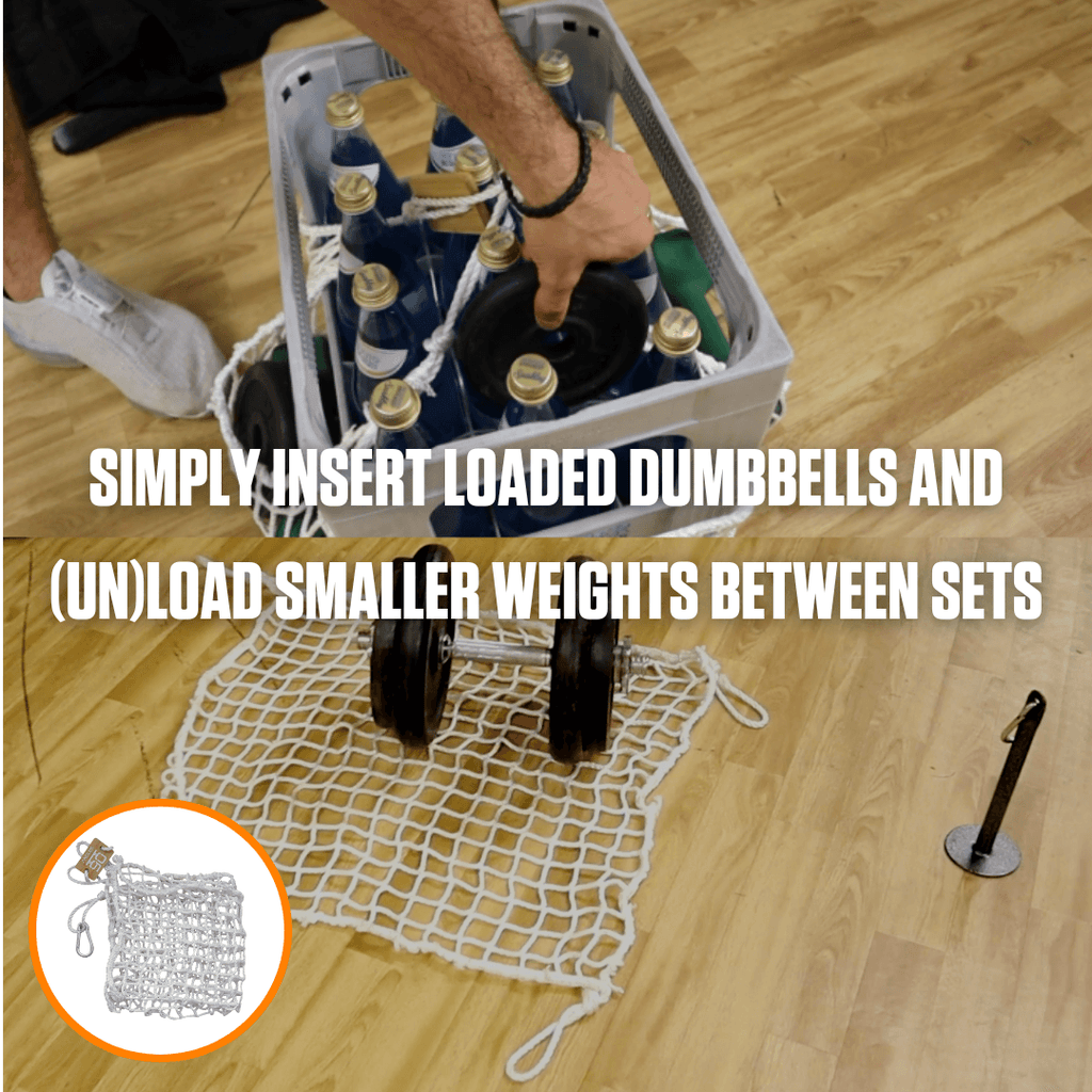 A person is swapping weights on a barbell, using a small, wheeled platform to simplify adding heavy dumbbell plates and removing smaller weights between sets. A caption suggests employing A90 Cable Pulley Set.